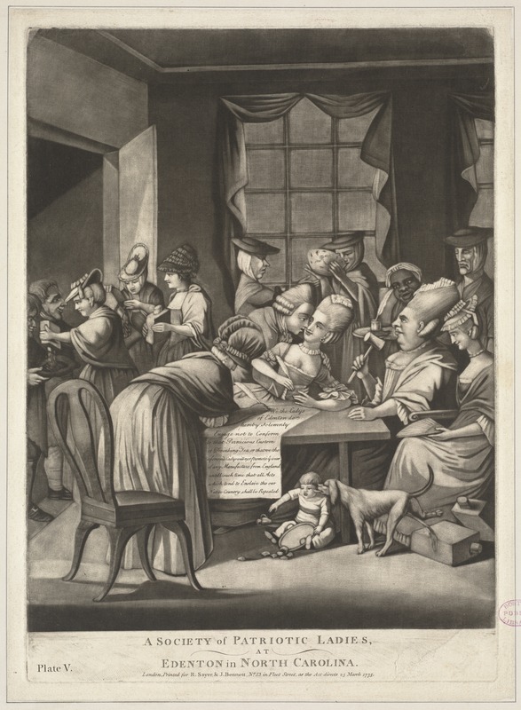 Drawing of three women sitting at a table signing a document. One woman is being kissed by a man. Two women in the background drink from a large teacup.