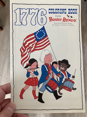 Coloring book shows children marching with fifes, drums, and an American flag.