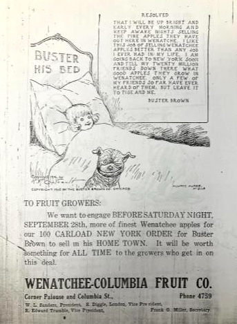 Advertisement showing Buster Brown laying in bed with his dog. Text asks fruit growers to sell their apples to the Wenatchee-Columbia Fruit Company.
